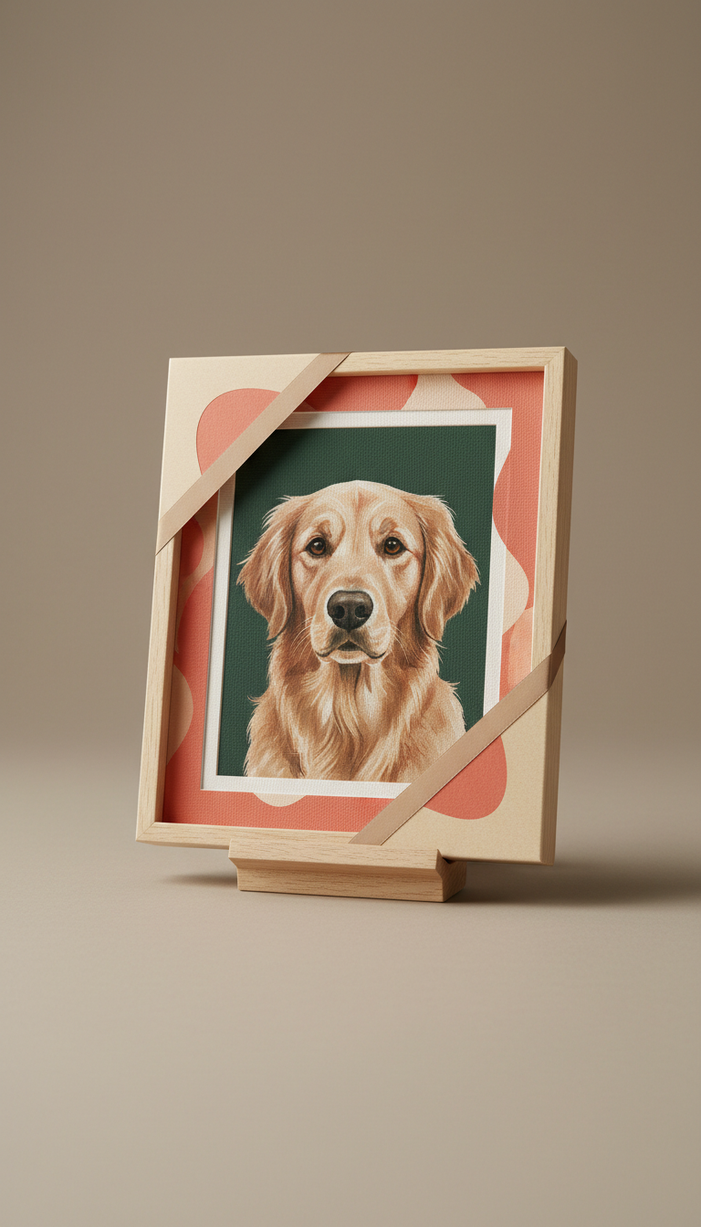 Custom pet portrait with coral accent packaging, Default: Head-on 3/4 angle showing the entire framed portrait on its...