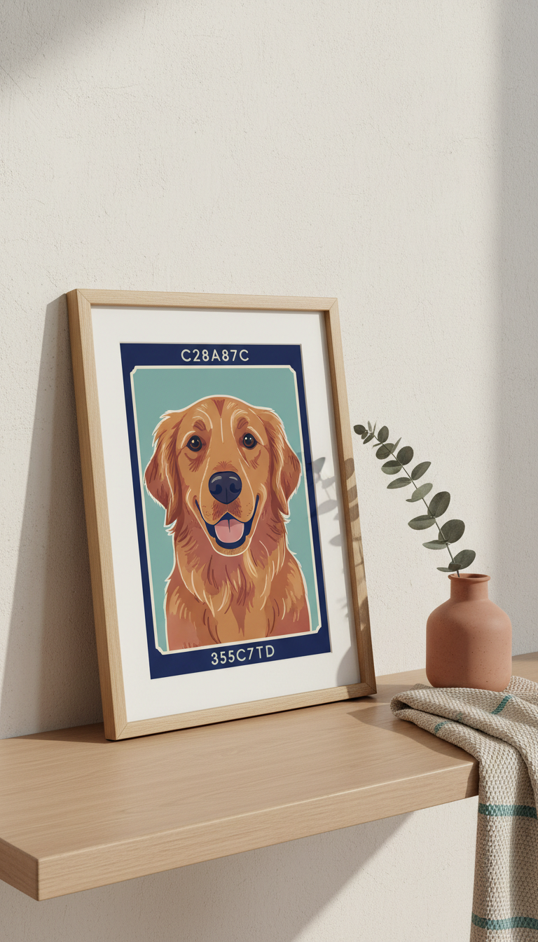 Custom illustrated framed dog portrait, softly lit by indirect daylight. One hero product per frame; illustration visible...
