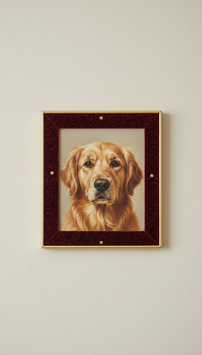 An animal portrait elegantly framed in velvet, perfectly centered within the frame. The lighting is soft and shadowless,...