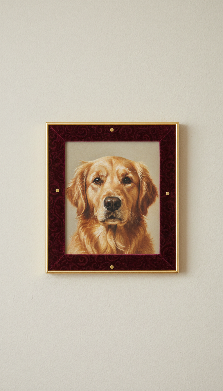 An animal portrait elegantly framed in velvet, perfectly centered within the frame. The lighting is soft and shadowless,...