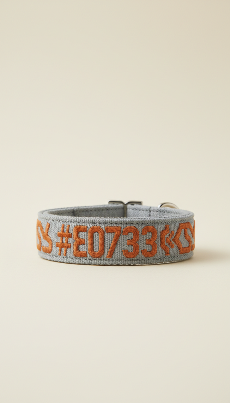Stone grey cat collar with name embroidery, Three-quarter angle as default for accessories—shows engraving/embroidery...
