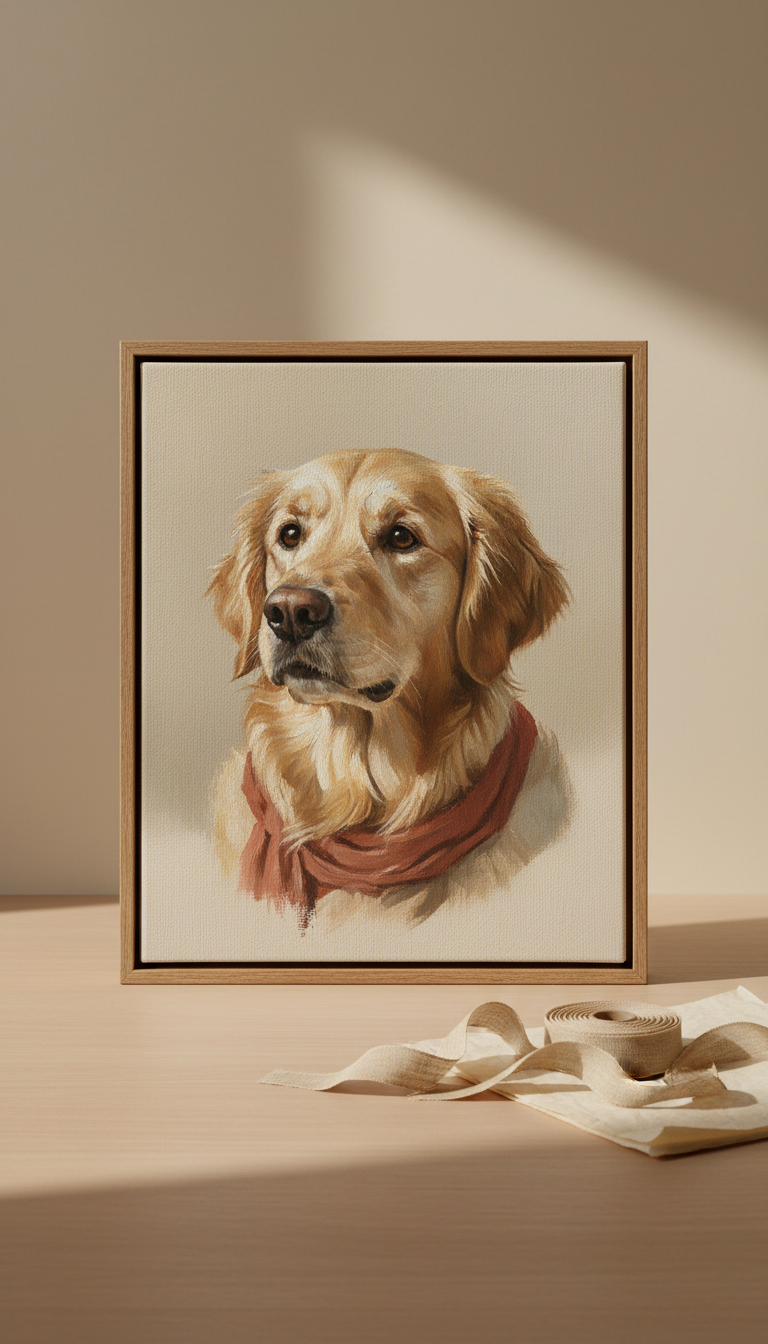 Museum-grade canvas pet portrait, Default angle is a classic 3/4 view showing both face and subtle profile thickness of...