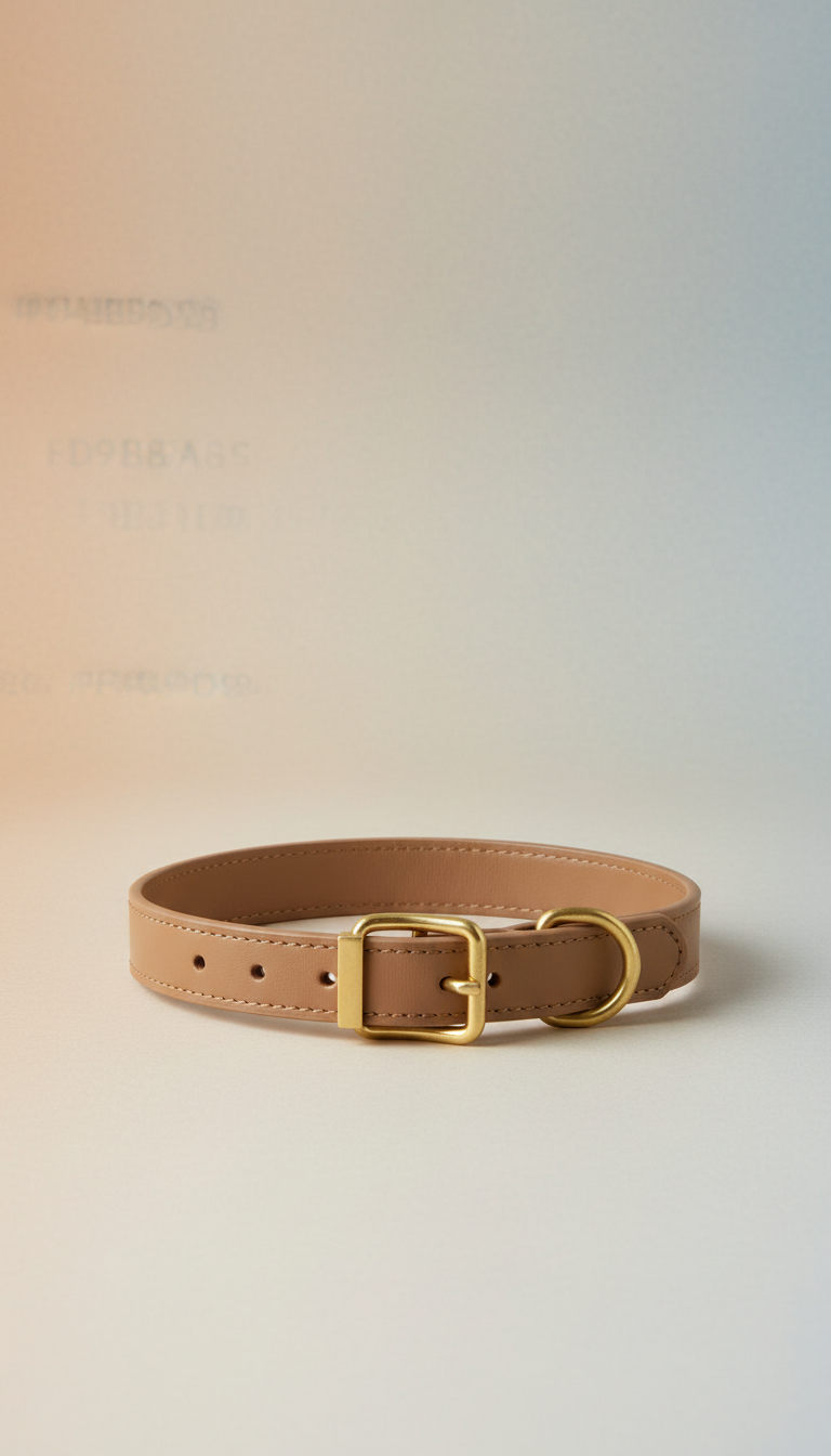 Minimalist pet collar in Warm Taupe, Default to a 3/4 angle that shows product form and key tactile details (e.g., spout...