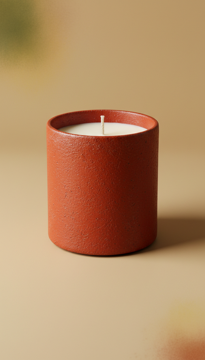 Rust Red Campfire Candle, Three-quarter angle as default for candles and diffusers: shows label, vessel texture, and...